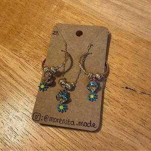 Gold and Blue Floral Hoop Earrings